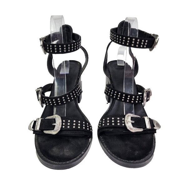 ASOS Western Studded Open Toe Strappy Chunky Heels Womens Size 7 Black Silver - Picture 3 of 14